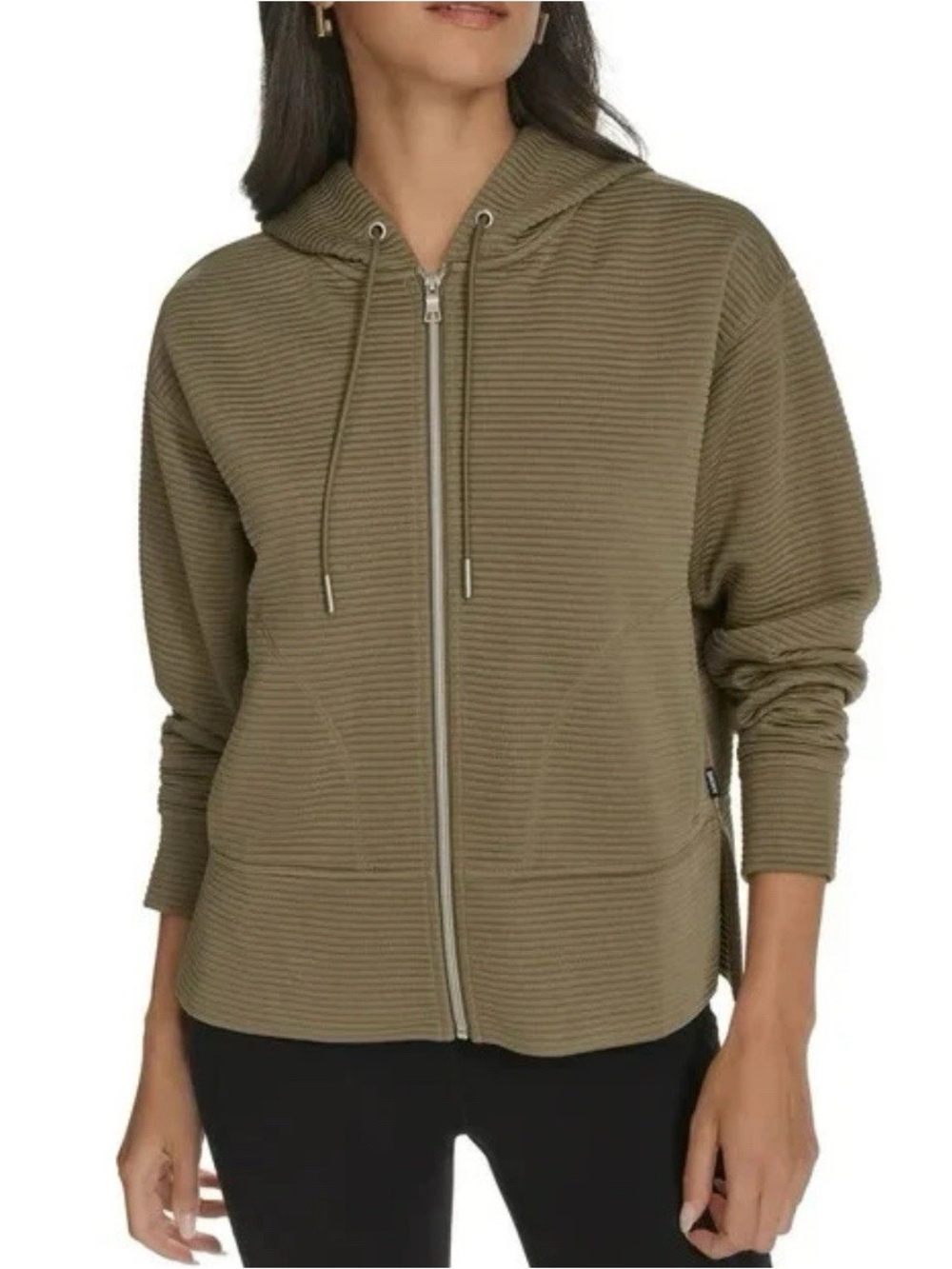 DKNY Women’s Olive Green Ottoman Ribbed Zip Hoodie Utility Jacket Large